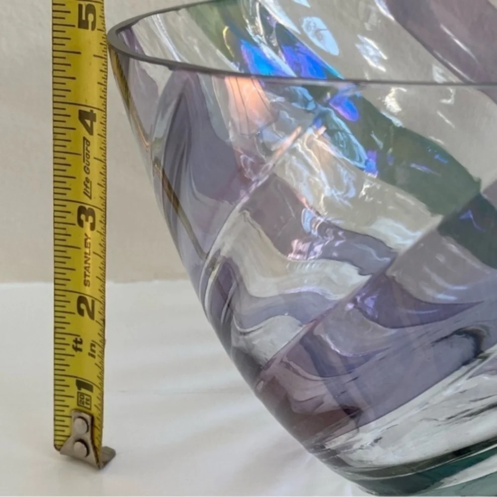 Crate&Barrel Lead Crystal Glass Blue Purple and Green Ribbon Decor Bowl